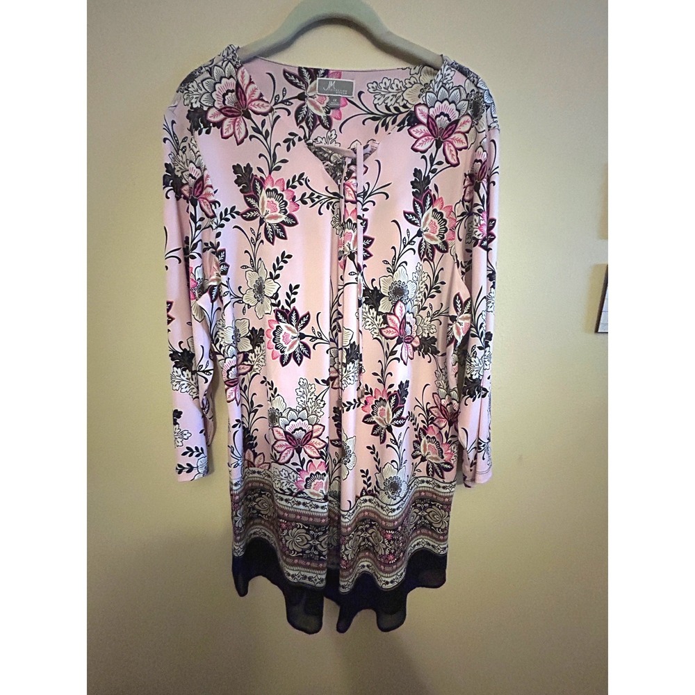 JM Collection Floral Tunic Womens 1X Pink Black Lace Up Neck 3/4 Sleeve